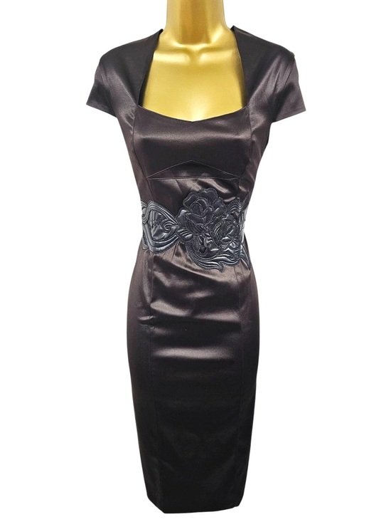 Karen Millen Dresses & Skirts - Karen Millen Dark Brown Midi Dress with Faux Leather Floral Embroidered Waist